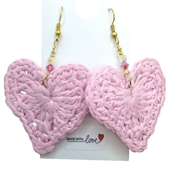 Handmade Crochet Heart Earrings Pink Statement Dangle Swarovski Crystals NEW - Picture 5 of 8